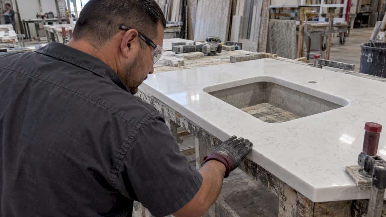 Fabricator Inspecting Quartz Sink Cutout