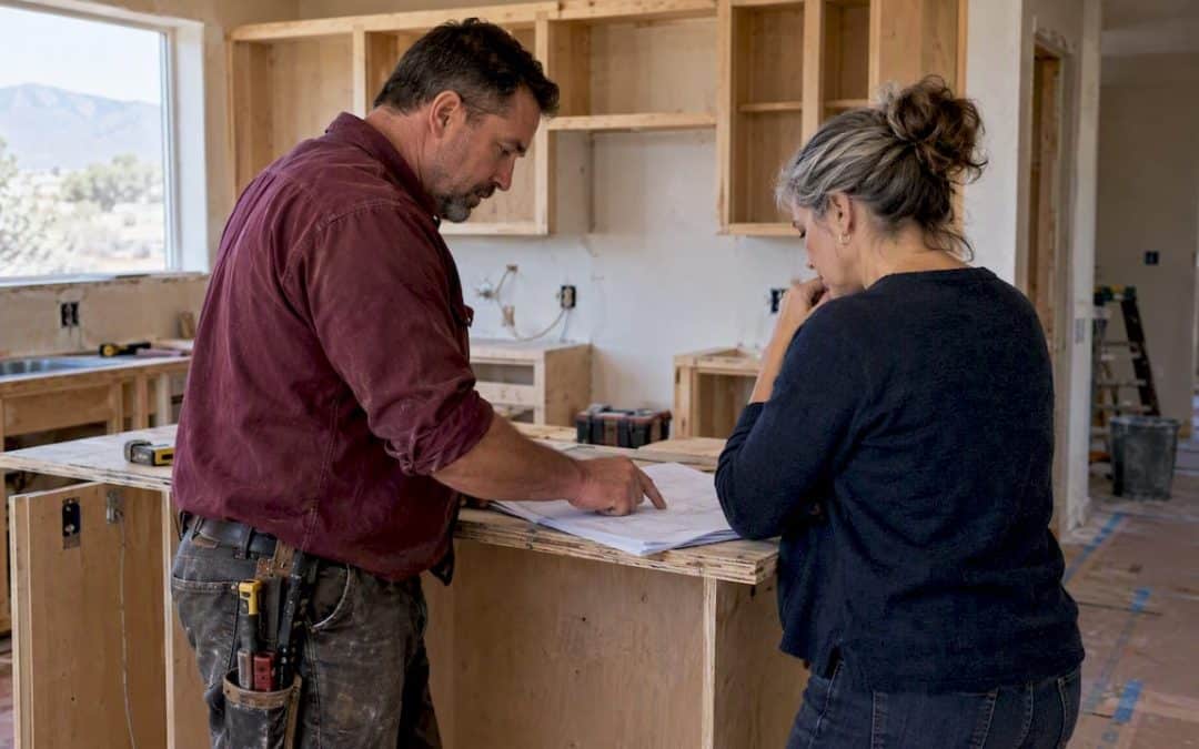 Homeowner and contractor reviewing remodel change order