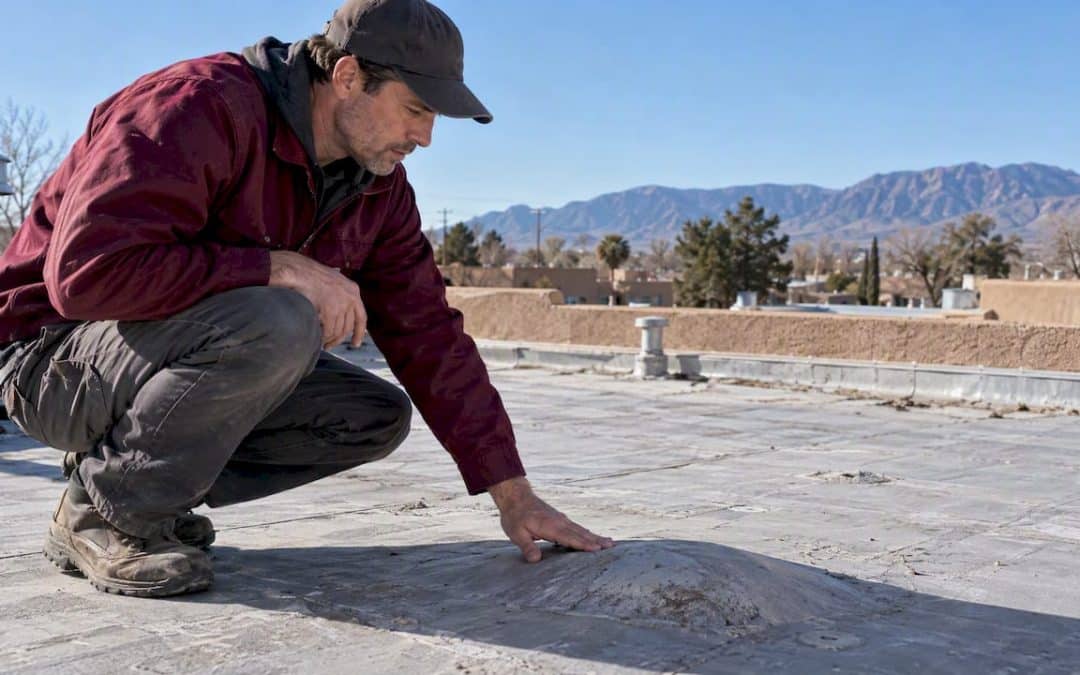 Inspector examines a blister on a flat roof